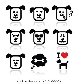 Dog icons set - happy, sad, angry isolated on white