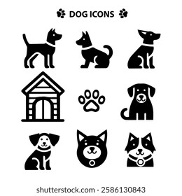 Dog Icons Vector Set. Dog head, paw, dog house. logo mascot. 