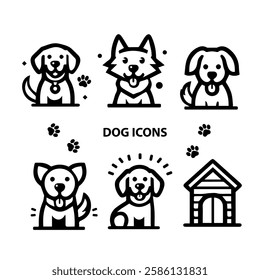 Dog Icons Vector Set. Dog head, paw, dog house. logo mascot.