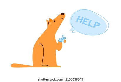 Dog illness vector illustration concept. Big dog with ingured paw and speach bubble with text Help. Template in flat style