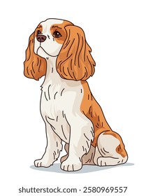 Dog illustration cute spaniel sitting pet animal brown white fur cartoon style isolated white background design template