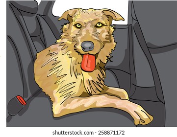 Dog illustration - Large dog, furry, with yellow eyes and tongue out, lying on the back seat of a car