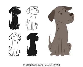 Dog illustration set. Vector illustration of a cartoon dog color, silhouette, outline, black and white and minimal line art. Friendly pet simple design. Sign adorable domestic pedigree animal vector