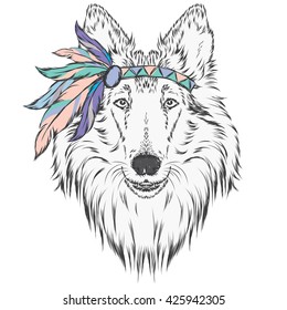 Dog in the Indian dressing with feathers . The leader of the tribe. Vector illustration for greeting cards , posters or prints on clothes and accessories . Collie.