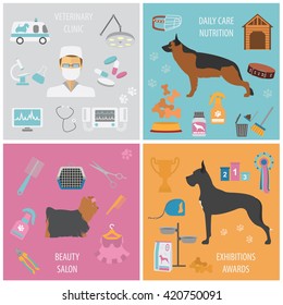 Dog info graphic template. Heatlh care, vet, nutrition, exhibition. Vector illustration 