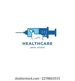 Dog with injection logo. Pet vaccinations icon vector illustration