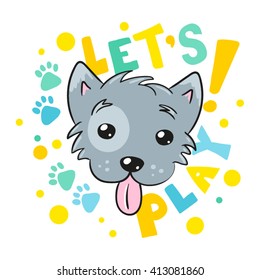 Dog and Inscription Let's Play Vector Illustration