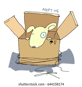 Dog inside opened cardboard package box. Pet adoption. Cute Puppy. Help animal and animal treatment concept. White background. Isolated vector illustration. Adopt me