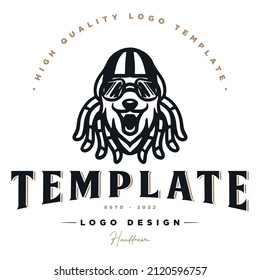 dog inspiration logo.dog with hat and glasses with dreadlocks hair vector logo.