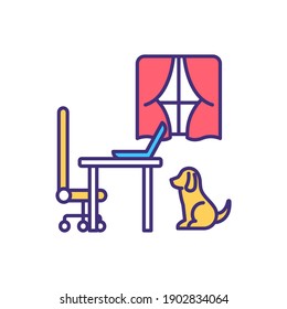 Dog Isolation At Home RGB Color Icon. Absent Owner, Lonely Puppe In House. Pet Care, Loneliness. Domestic Animal Anxiety. Psychological Stress For Adopted Doggy. Isolated Vector Illustration