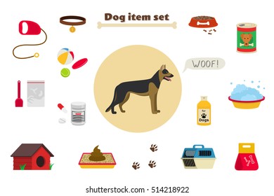 Dog items set care object and stuff. Elements around the dog. Vector cartoon illustration with food, care stuff, kennel, collar, transportation and dog walking