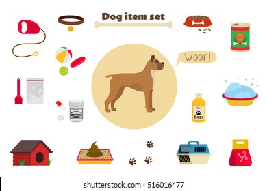 Dog items set care object and stuff. Vector cartoon illustration with food, care stuff, kennel, collar, transportation and walking