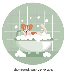 A dog (jack russell terrier) takes a bubble bath. Grooming. Pet care. Happy chihuahua. Vector illustration in cartoon style