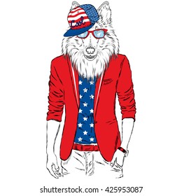 Dog in a jacket and sunglasses. Vector . Animal in fashionable clothes. Print for postcards, posters, clothing or accessories