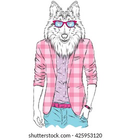 Dog in a jacket and sunglasses. Vector illustration. Animal in fashionable clothes. Print for postcards, posters, clothing or accessories
