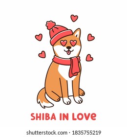 Сute dog of Japanese breed Shiba Inu in red hat and scarf, in love with hearts in eyes. Cartoon vector illustration. It can be used for sticker, patch, phone case, poster, t-shirt, mug, etc.