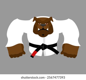 Dog in judo kimono. Karate bulldog mascot. Angry sport animal 