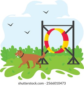 Dog Jump Hoop concept, Doggy during agility competition training vector color icon design, Pet foster and hotel Symbol, kennel animals Sign, Human-animal interaction scene illustration