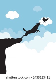 Dog jump on top of the rock mountain for a flying bird. Includes a blue sky background . vector art illustration.