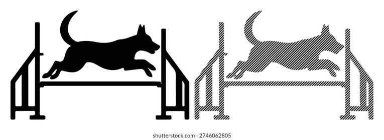 Dog jumping agility fence, includes striped outline. Animal sport. Pet.