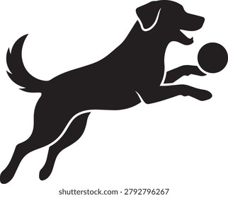 Dog jumping, catching ball, playful, energetic, vector.