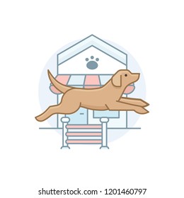 dog jumping in front of building