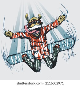 Dog jumping on a snowboard with his arms stretched out. Dog snowboarder flying in the air with his tongue out of his mouth. Snowboarding mascot illustration concept.