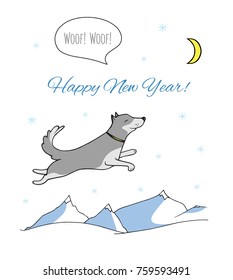 Dog jumping over snow covered mountains. Chinese zodiac symbol of the New Year 2018. 
