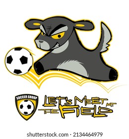 Dog jumping with a soccer ball of a soccer field. Dog mascot of a soccer team. Soccer mascot illustration concept.