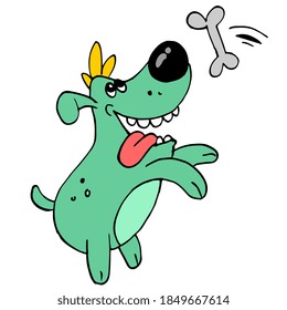der Hund springt und will den Knochen fangen. Cartoon-Illustrationsaufkleber Maskottchen Emoticon
