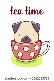 Dog kawaii cartoon cute, illustration, tea time, hand drawn isolated on white background print