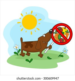 Dog keeps prohibited signs with vegetables