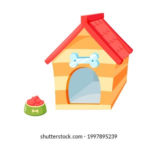 Dog kennel with bowl. Wooden doghouse with red roof isolated in white background. Vector illustration in cute cartoon style