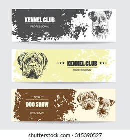 Dog or kennel club horizontal banners set with hand-drawn breeds. Isolated vector illustration