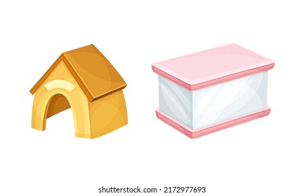 Dog Kennel And Empty Glass Box. Pet Supplies And Accessories Set Cartoon Vector Illustration