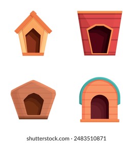 Dog kennel icons set cartoon vector. Small cute empty dog house. Wooden booth