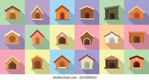 Dog kennel icons set flat vector. Pet accessory. Animal care