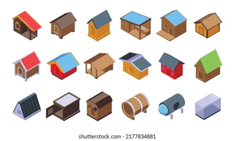 Dog kennel icons set isometric vector. Pet food. Anima accessory