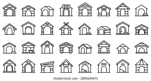 Dog Kennel Icons Set Outline Vector. Pet Accessory. Dog Canine Cabin