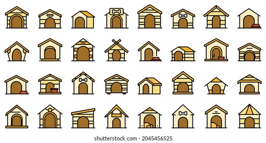 Dog kennel icons set outline vector. Pet accessory. Dog canine cabin