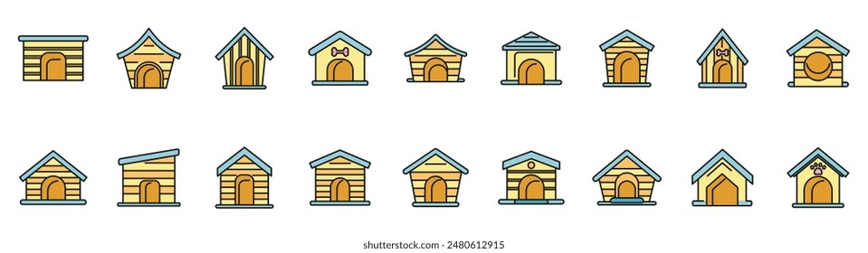 Dog kennel icons set outline vector. Pet accessory. Animal care thin line color flat on white