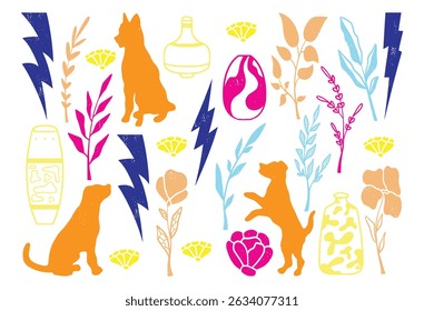 Dog kid crayon pencil vector. Childish dog, cloud, floral and flower background. Cheerful kid draw illustration. Cute flower simple doodle art