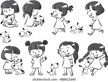 dog and kids vector drawing set