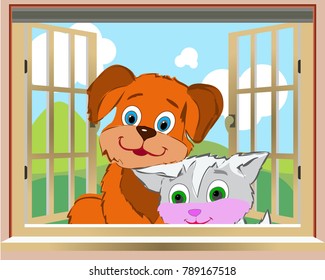 Dog and kitten peeking out the window from the back of the house, cartoon on white background, vector