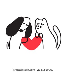 Dog and kitty holding red heart. Friends. Concept about volunteer. Vector outline illustration on white background. 