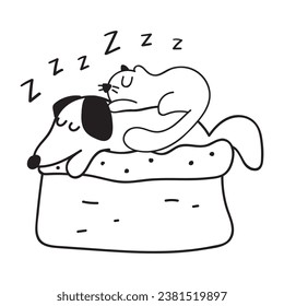 Dog and kitty sleep. Friends. Graphic design. Vector outline illustration design on white background. 