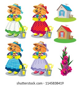 dog lady with pansies, set on a white background