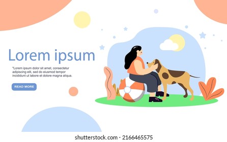 Dog landing concept with girl in park with dog. Woman enjoy spending time outdoors communicating with pet. Cartoon flat vector illustration EPS