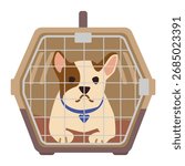Dog laying inside of the pet carrier front view flat vector illustration isolated on white.