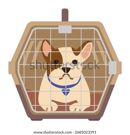 Dog laying inside of the pet carrier front view flat vector illustration isolated on white.